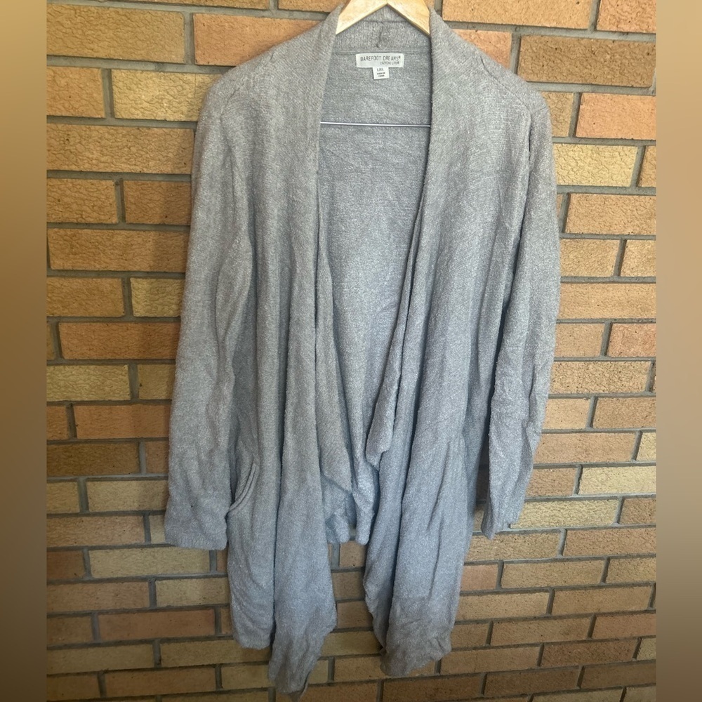 Barefoot Dreams Cozychic Gray/Beige Waterfall Island Wrap Open Cardigan L/CL 903